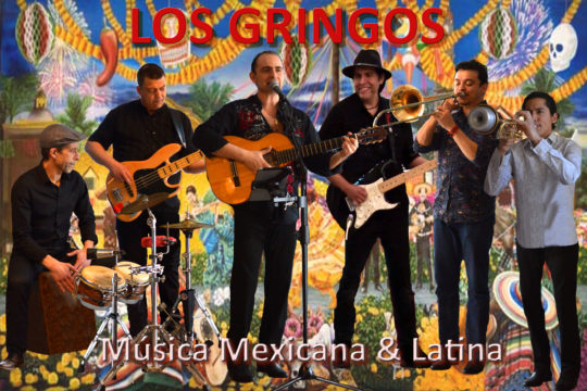 Poster for the band Los Gringos – Música Latina, featuring seven musicians and their instruments.