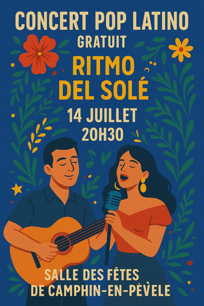 Free Latin pop concert by Ritmo del Sole: July 14 at 8:30 PM at the Camphin-en-Pévèle village hall—featuring a male guitarist and a female vocalist.