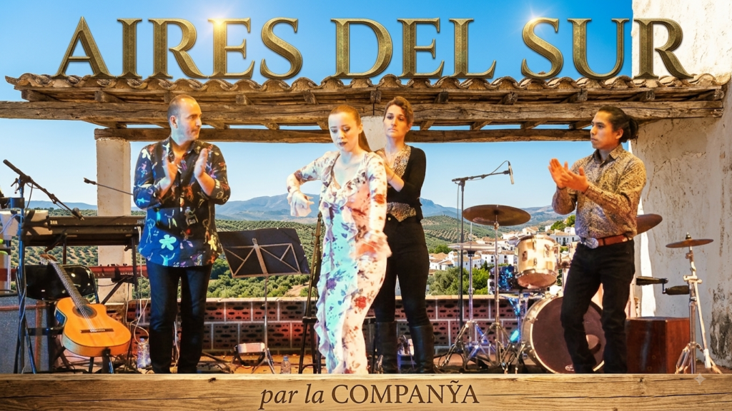 Poster for the group AIRES DEL SUR by Companÿa – Featuring three musicians with their instruments and a dancer.