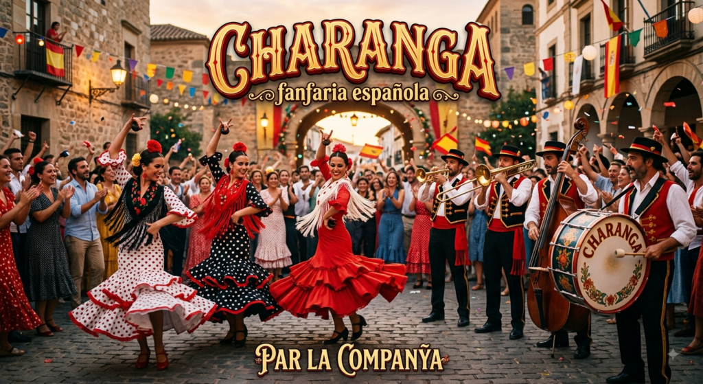 Poster for the group CHARANGA by Companÿa – Featuring four musicians with their instruments and three female dancers.