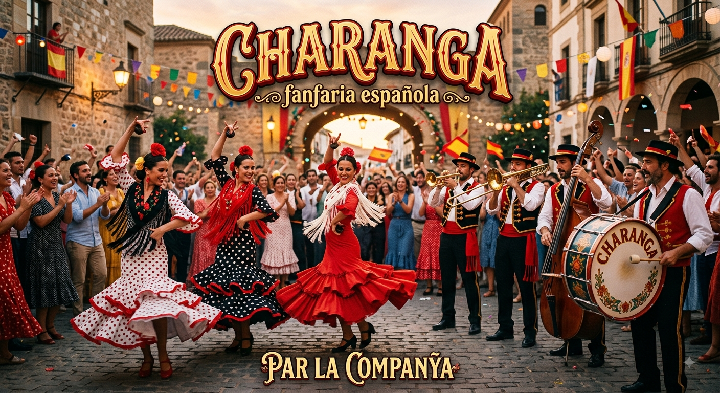 Poster for the group CHARANGA by Companÿa – Featuring four musicians with their instruments and three female dancers.