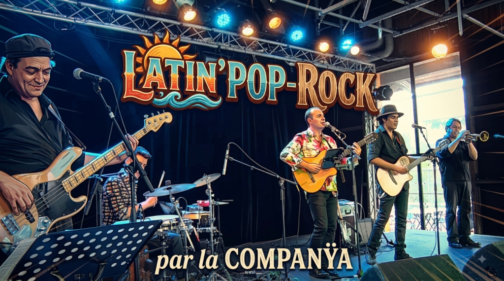 Poster for the Latin pop-rock group La Companÿa – featuring five musicians and their instruments on stage.