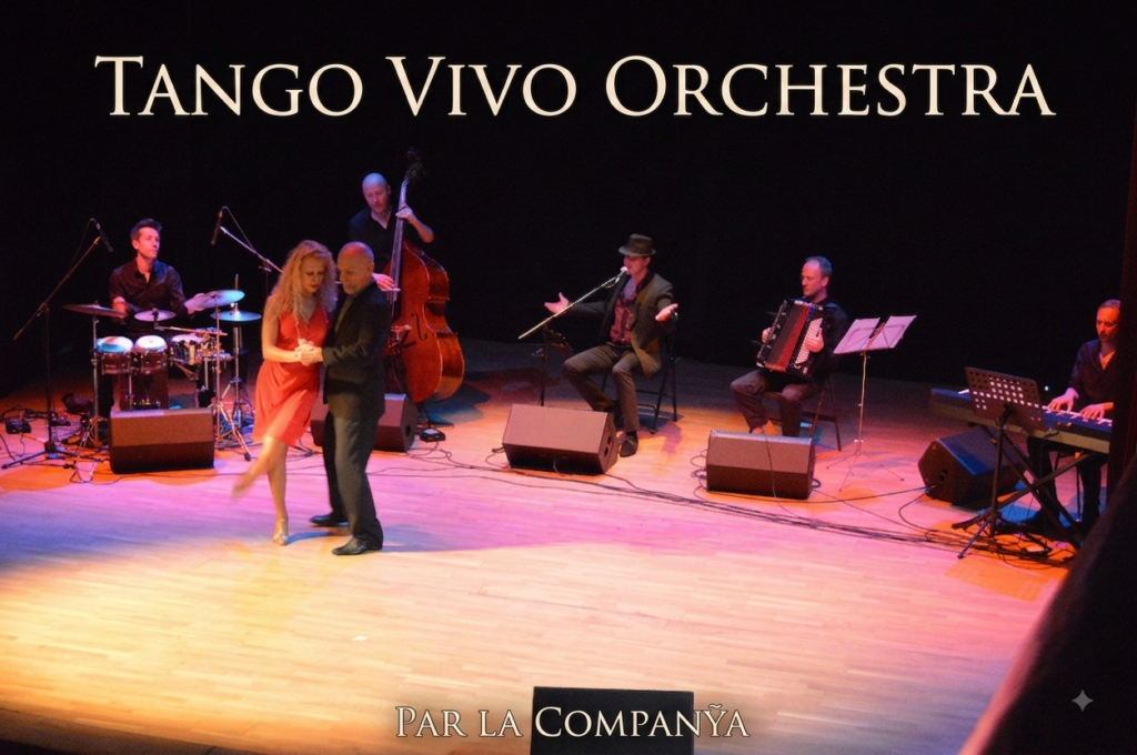 Poster of the group Tango Vivo by the Companÿa - With five musicians and their instruments and two tango dancers.